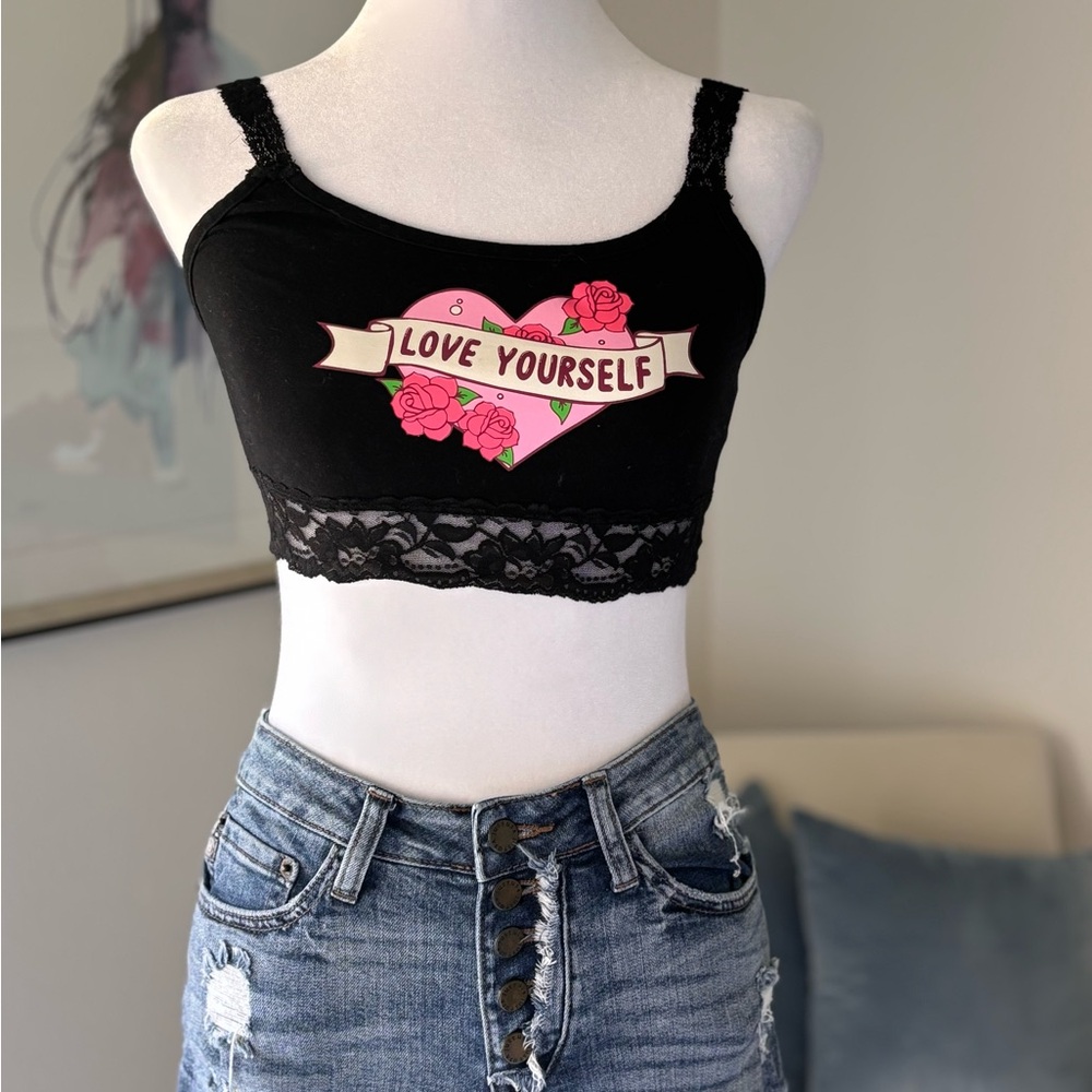 Hot Topic Black Crop Top with Pink Heart Design